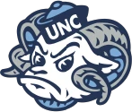 Logo of the University of North Carolina team, the Tar Heels. A white ram with gray curled horns, with carolina blue highlighting. The ram wears a navy blue hat with the letters "UNC" written across the front.
